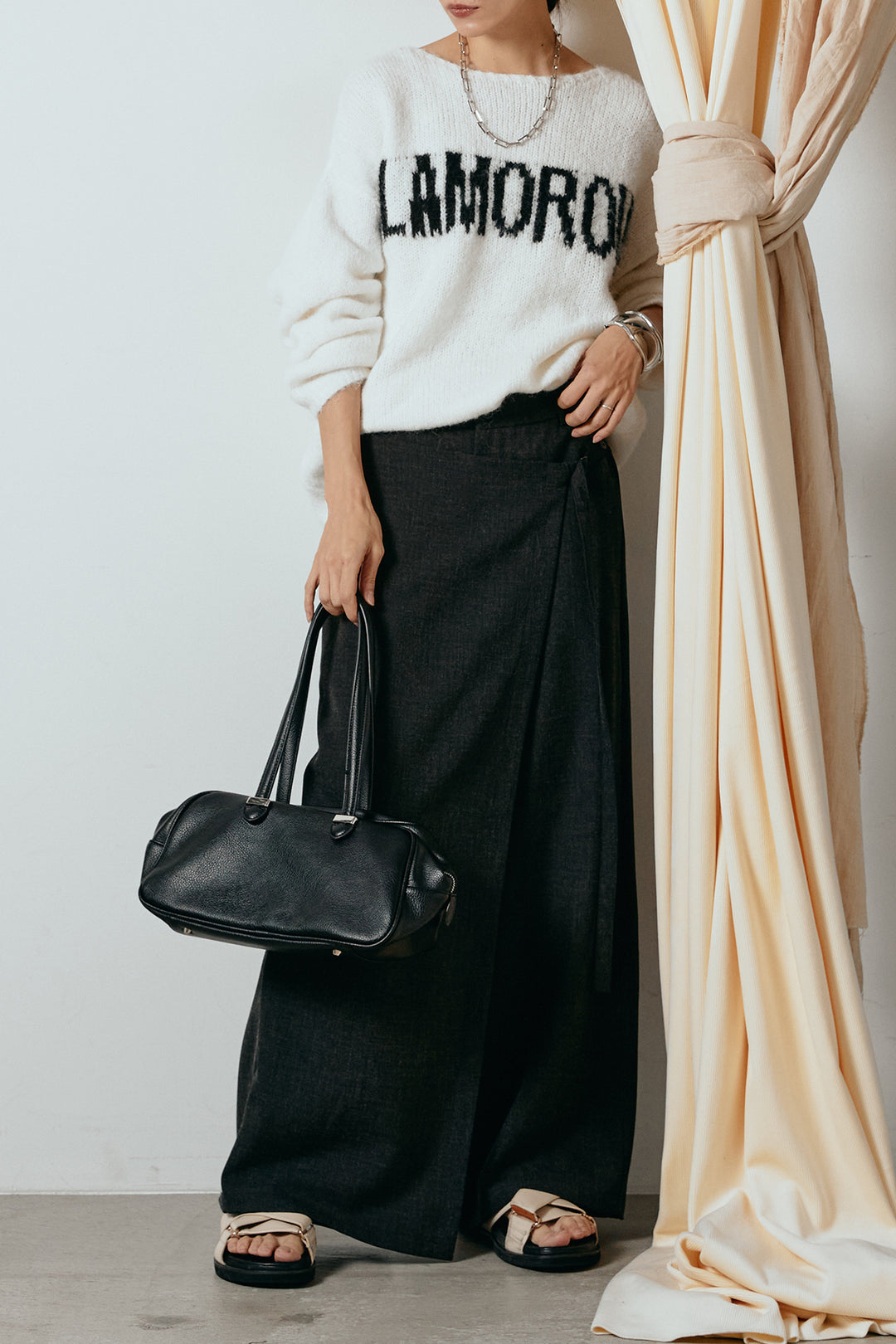 [SET]フロントロゴデザインニットトップス+ラップ巻きワイドスラックス(2set)