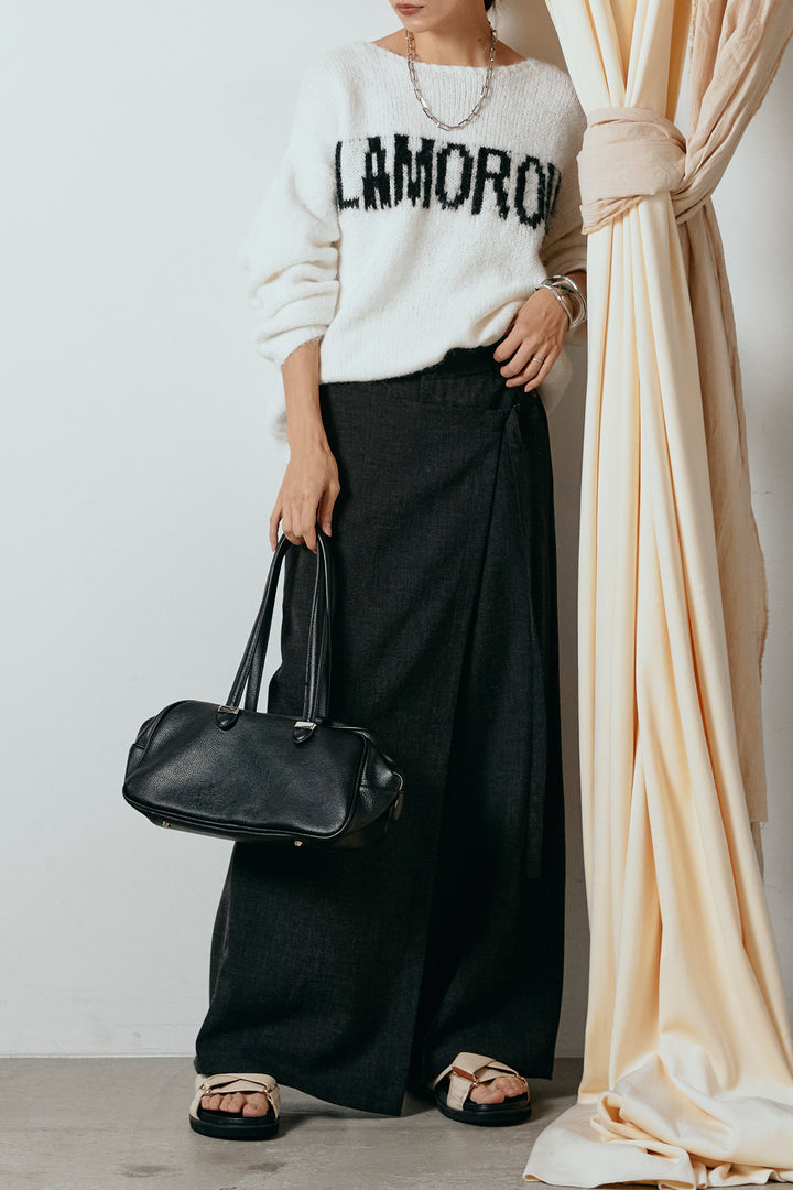 [SET]フロントロゴデザインニットトップス+ラップ巻きワイドスラックス(2set)