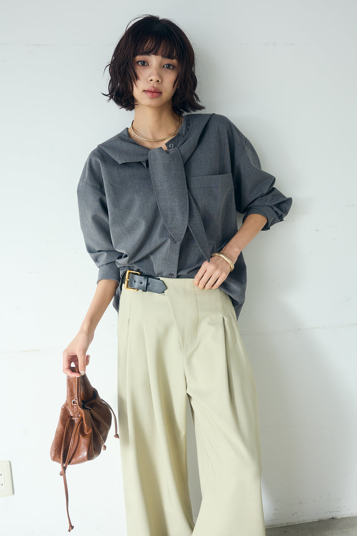 [SET]無地タイ付フーディーBIGシャツ+サイドベルトタック入りスラックス(2set)