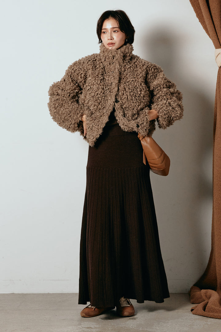 [SET]プードルファーミドルジャケット+編み地切り替えフレアニットスカート(2set)