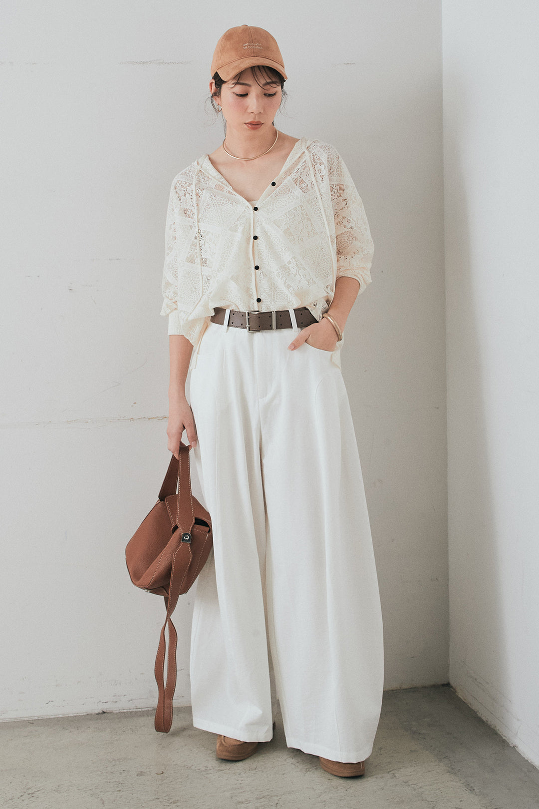 [SET]ブロックレースフード付きブラウス+ベルト付きサイドタックワイドパンツ(2set)