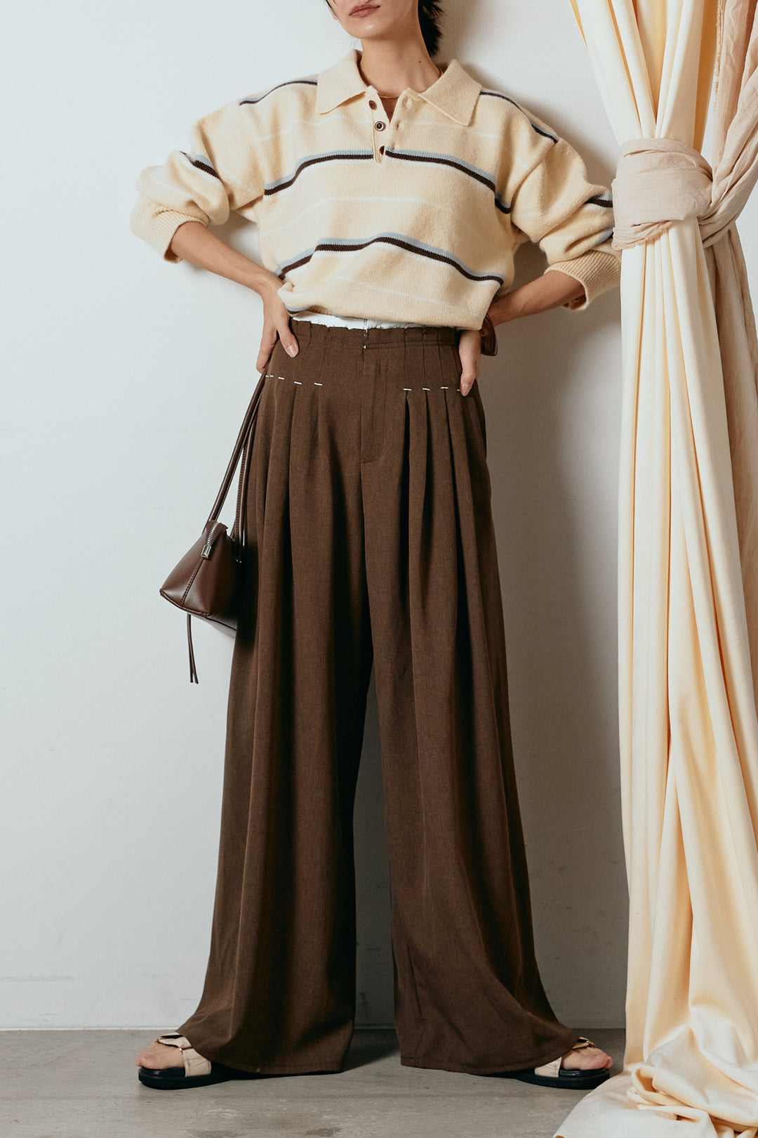 [SET]襟付きマルチボーダーニットポロトップス+ウエストステッチデザインワイドスラックス(2set)