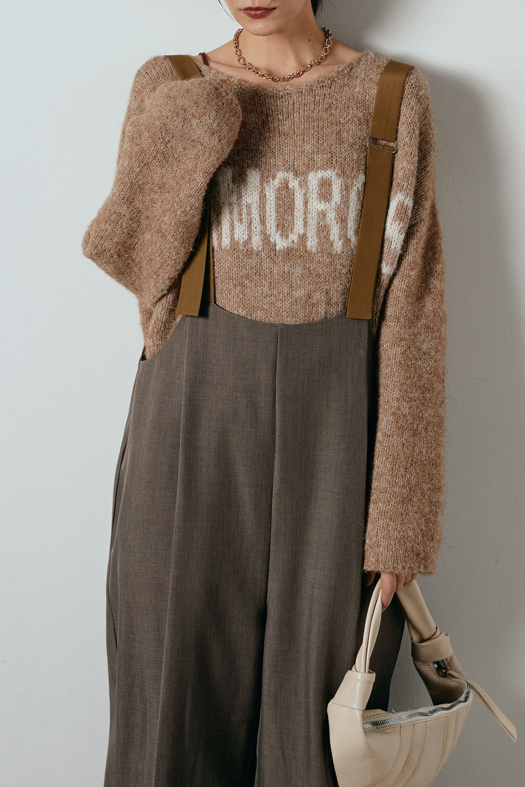 [SET]フロントロゴデザインニットトップス+ワイドツイルサロペット(2set)