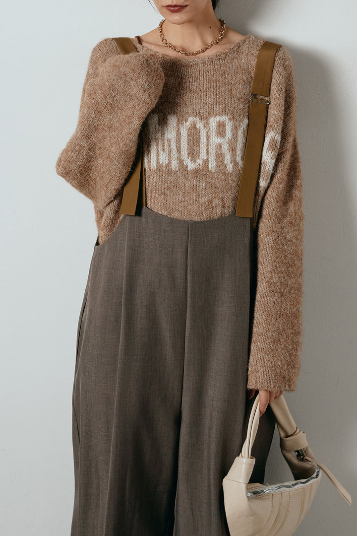 [SET]フロントロゴデザインニットトップス+ワイドツイルサロペット(2set)