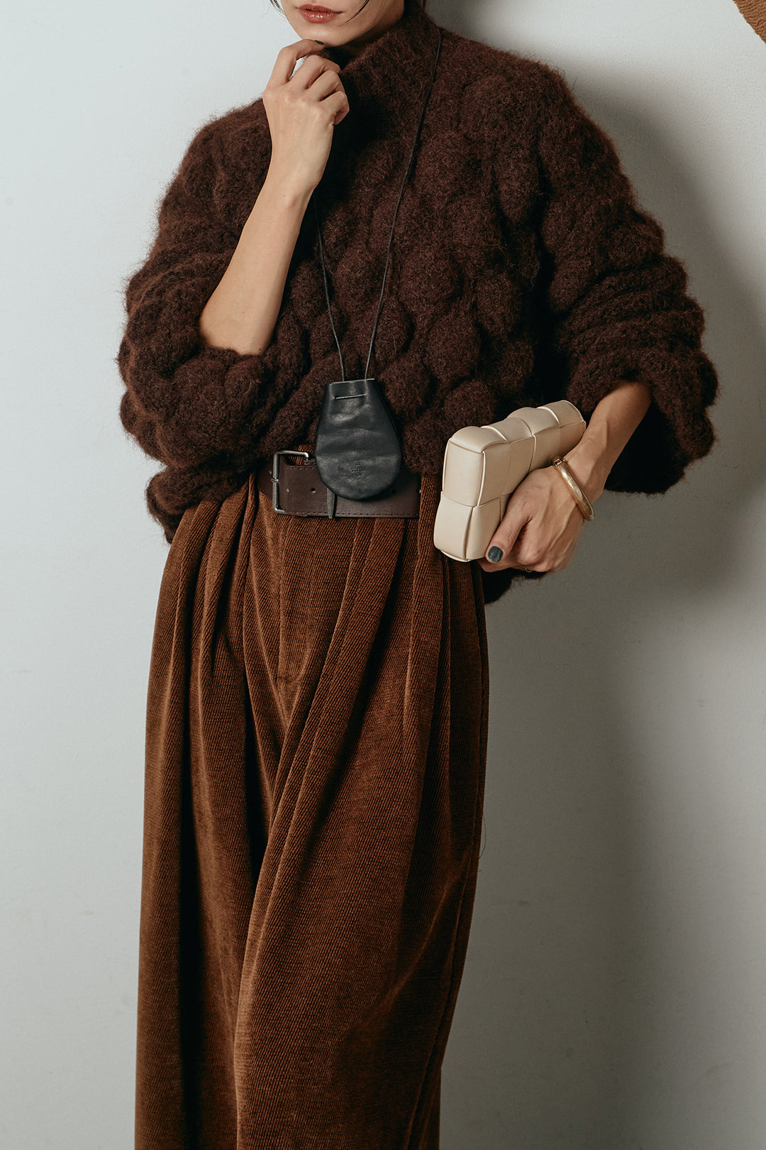 [SET]ボリュームポップコーンニットトップス+ベルトループコーデュロイワイドパンツ(2set)