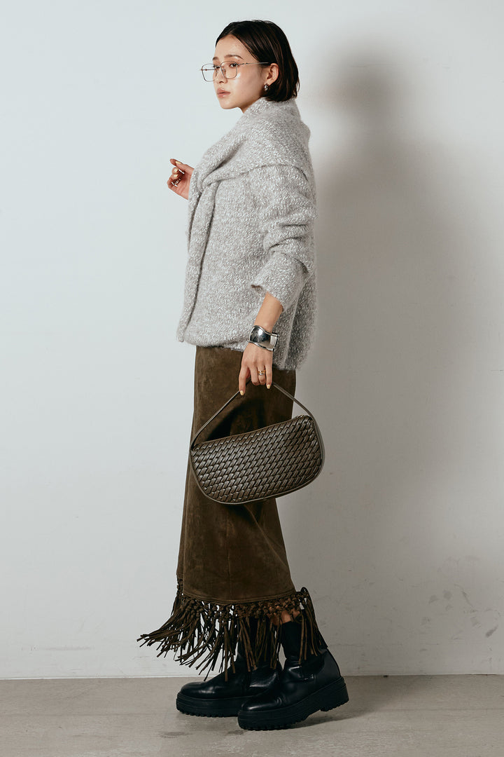 [SET]スカーフ付きミックスニットトップス+スウェードライク裾フリンジスカート(2set)