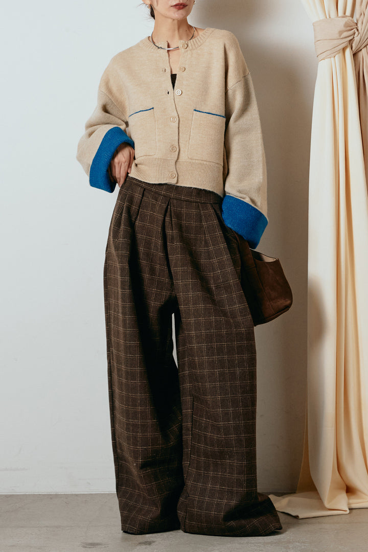 [SET]アルパカタッチダブルフェイスカーディガン+ウールライクチェックタックパンツ(2set)