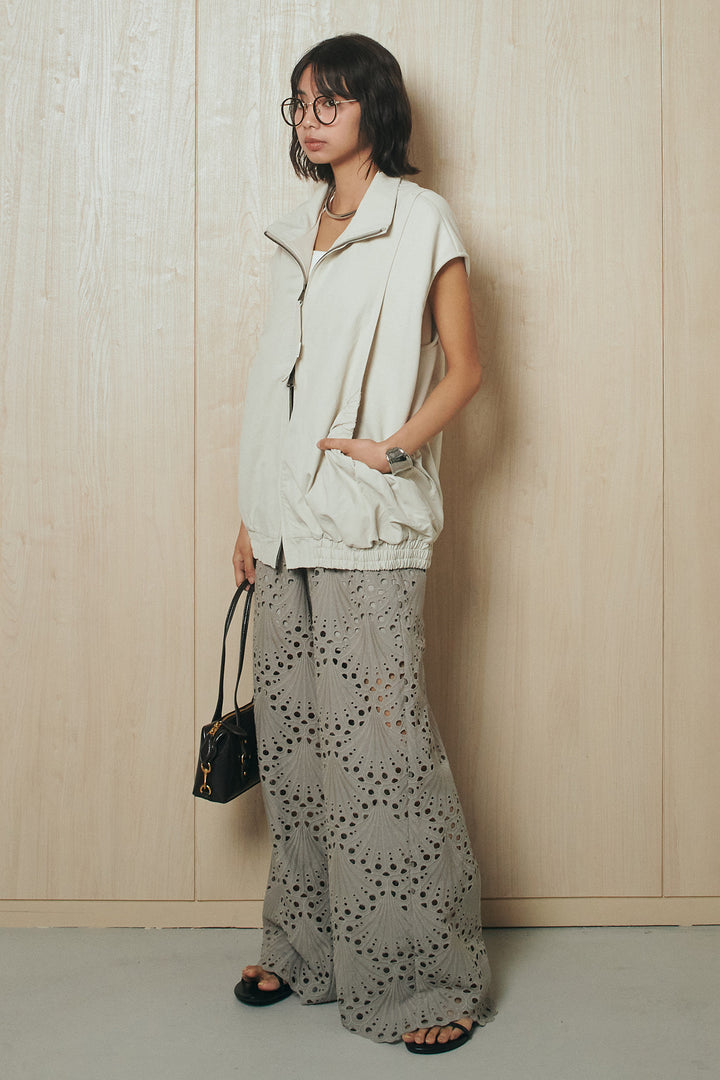 [SET]ショルダー切替スタンドネックジップベスト+レース刺繍リラックスパンツ(2set)