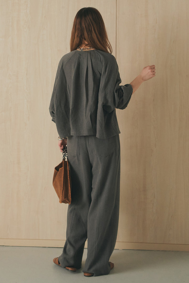 [SET]麻混ノーカラーブルゾン+麻混ウエストドロストパンツ(2set)