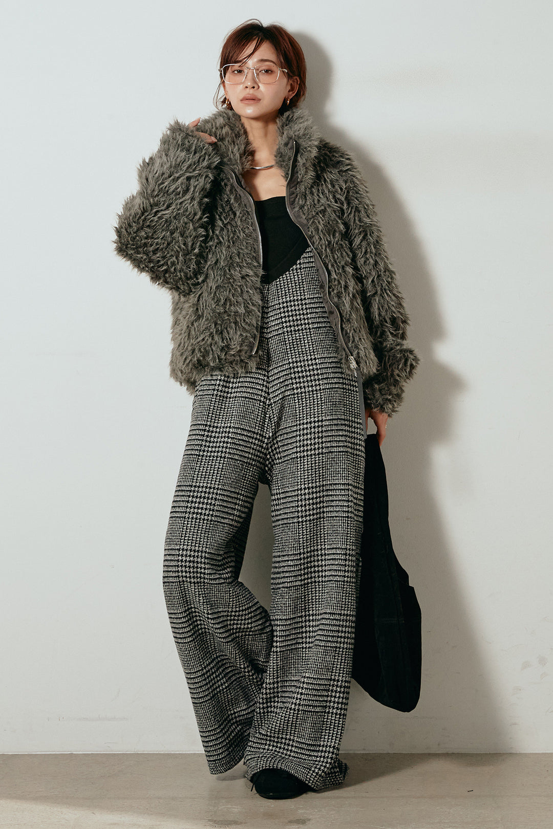 [SET]ミックスシープファースタンドブルゾン+前後2wayグレンチェック柄スカーチョサロペット(2set)