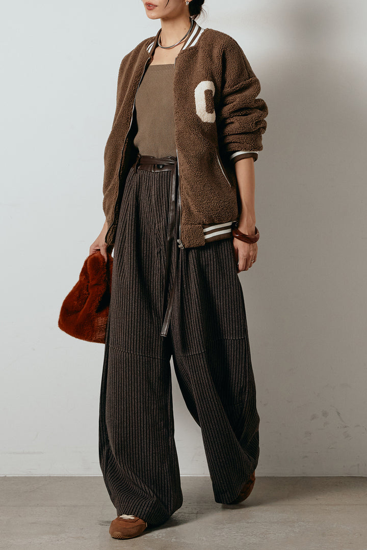 [SET]ロゴスタジャンボアブルゾン+レザーライク配色ストライプパンツ(2set)