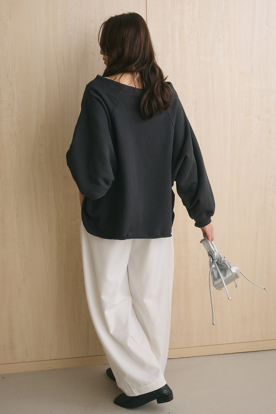 [SET]裏毛パフスリーブロゴスウェット+サイドベルトデザインタックワイドパンツ(2set)