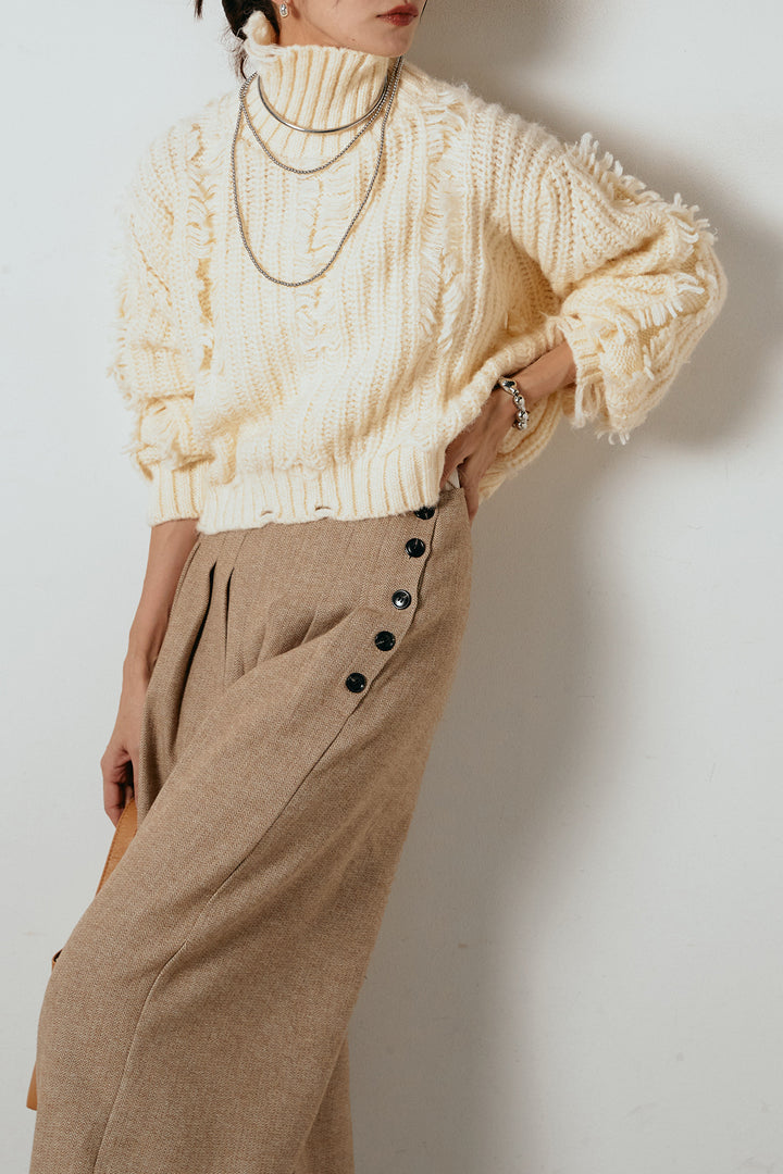 [SET]フリンジタートルショートニット+サイドボタンツイードタックパンツ(2set)