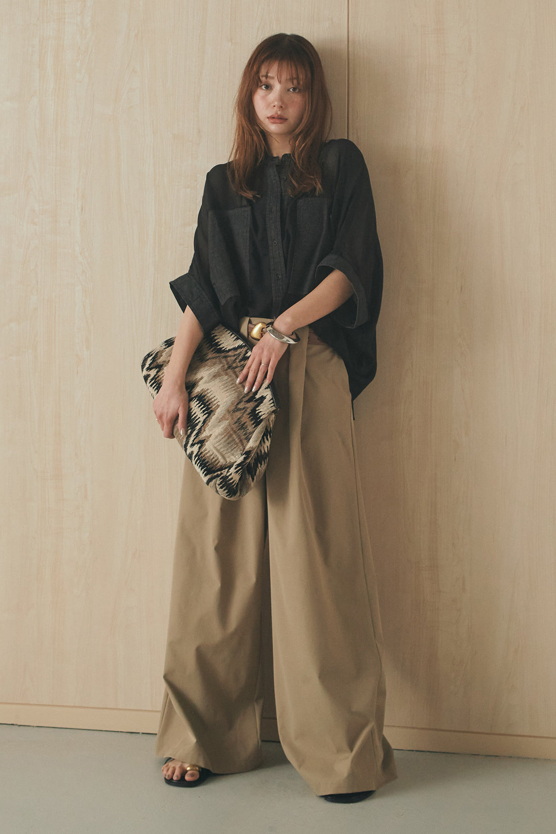 [SET]デニムライクビッグツーポケシアーシャツ+ベルトループデザインハイウエストタックパンツ(2set)