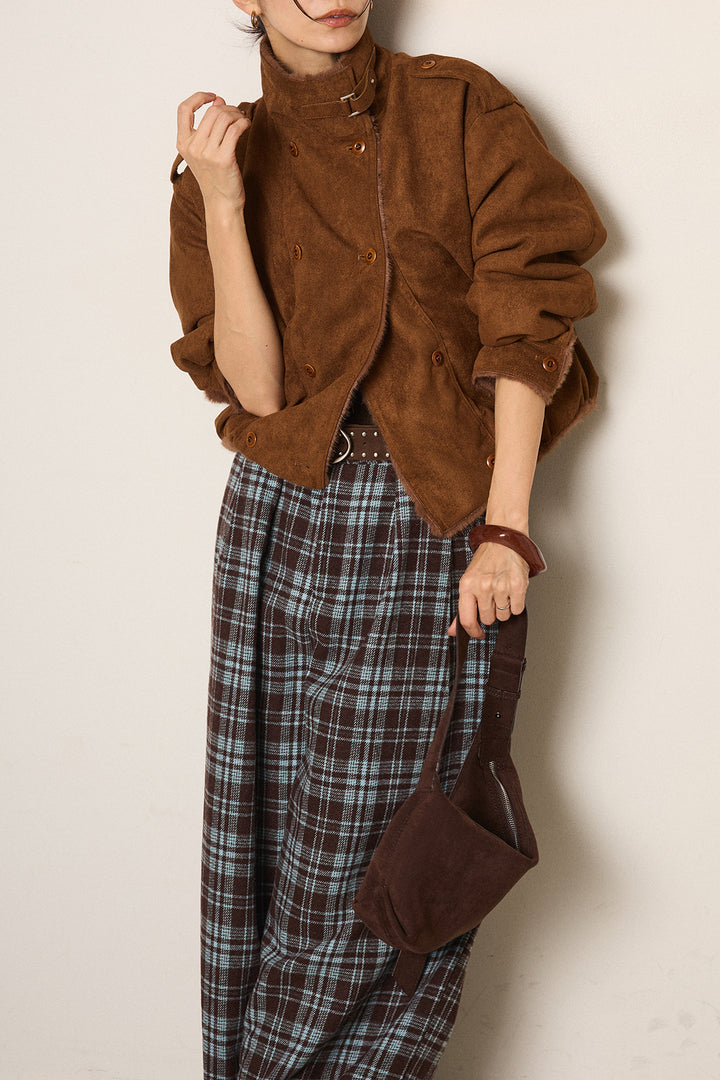 [SET]スタンド襟スウェードライクアウター+スタッズデザインベルトタータンチェックパンツ(2set)