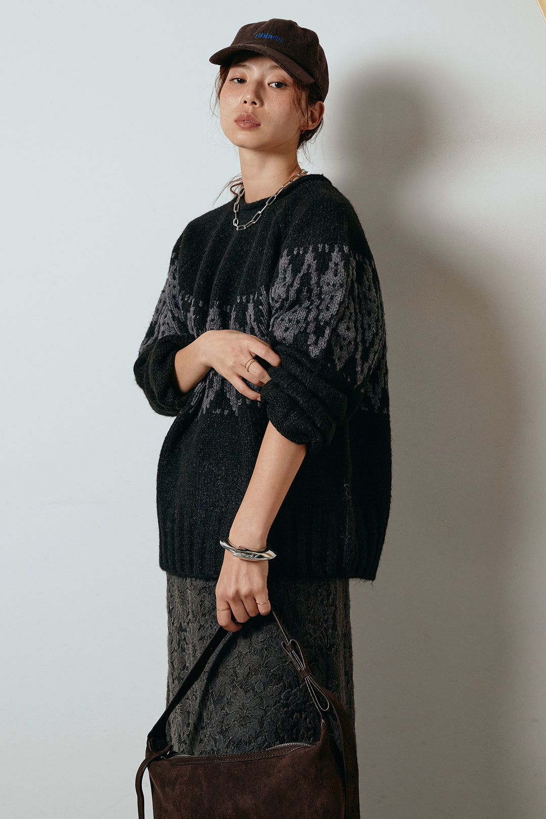 [SET]モノトーン柄ニットトップス+花柄刺繍ベロアフレアスカート(2set)