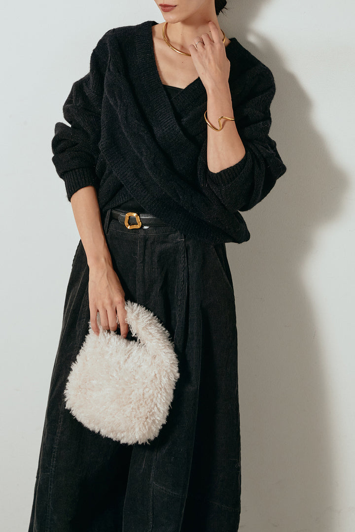 [SET]ケーブルカシュクールニットトップス+タック入りコーデュロイワイドパンツ(2set)