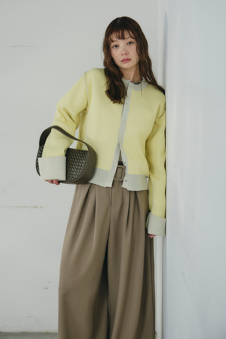 [SET]リバーシブル配色ニットカーディガン+ベルト付きツータックワイドパンツ(2set)