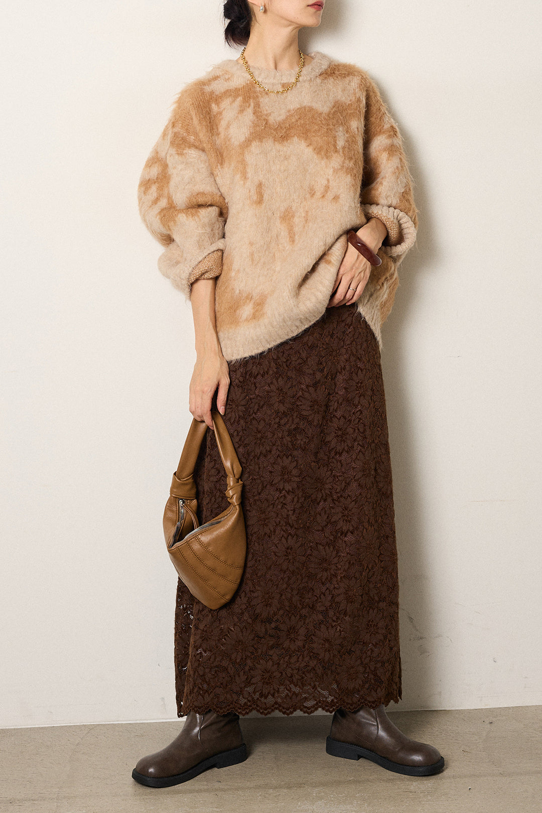 [SET]モヘアタッチマーブルニット+花柄刺繍ベロアフレアスカート(2set)