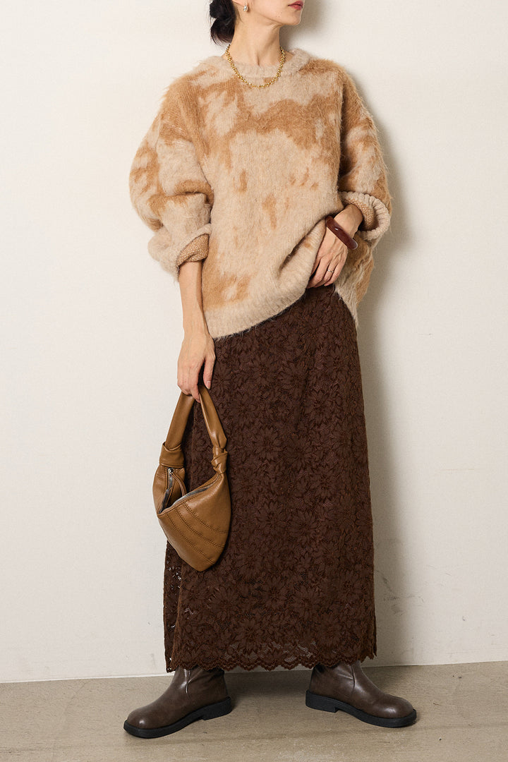 [SET]モヘアタッチマーブルニット+花柄刺繍ベロアフレアスカート(2set)