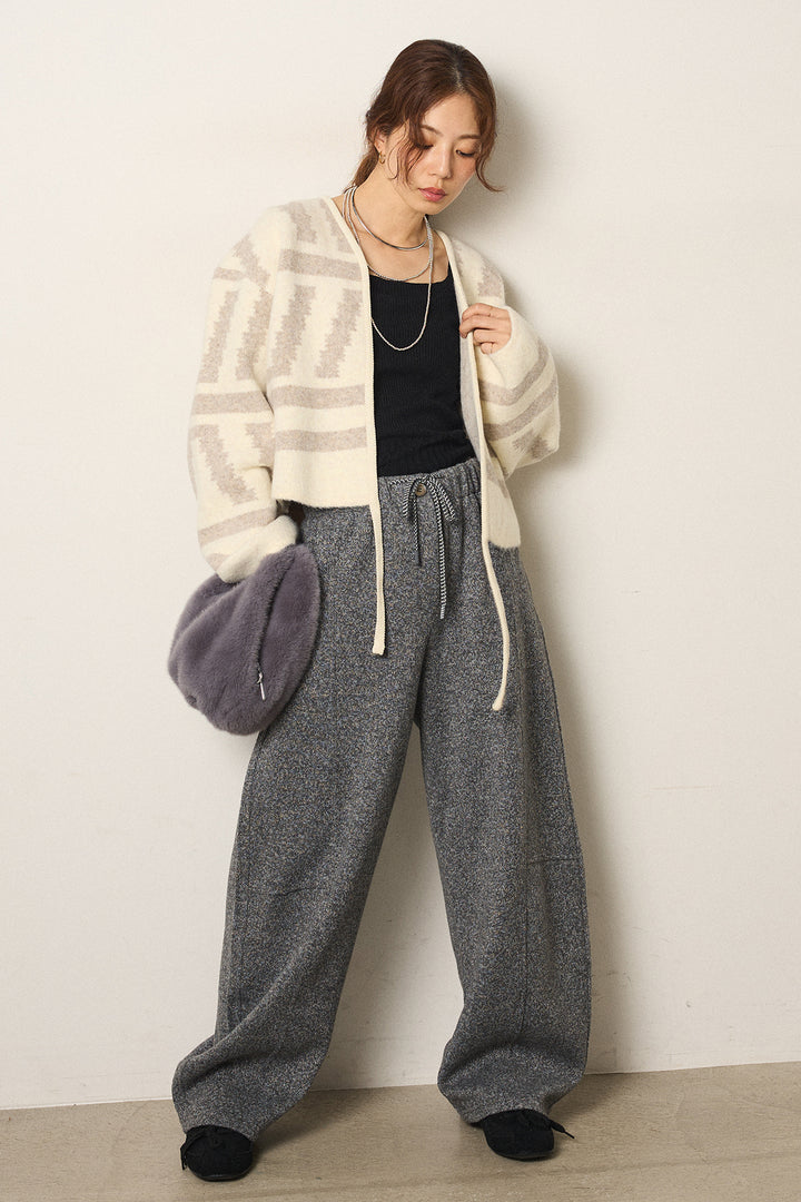 [SET]幾何学柄ノーカラーカーディガン+杢ニットフレアパンツ(2set)