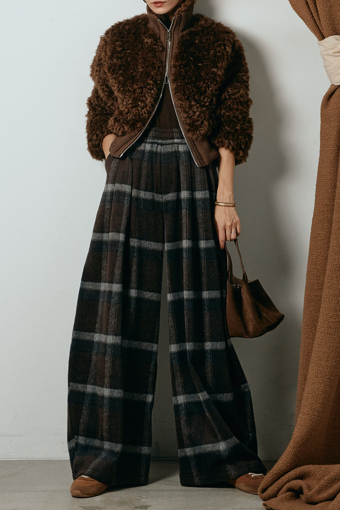 [SET]ハイネックショート丈ボアジップブルゾン+起毛タータンチェック柄ワイドパンツ(2set)