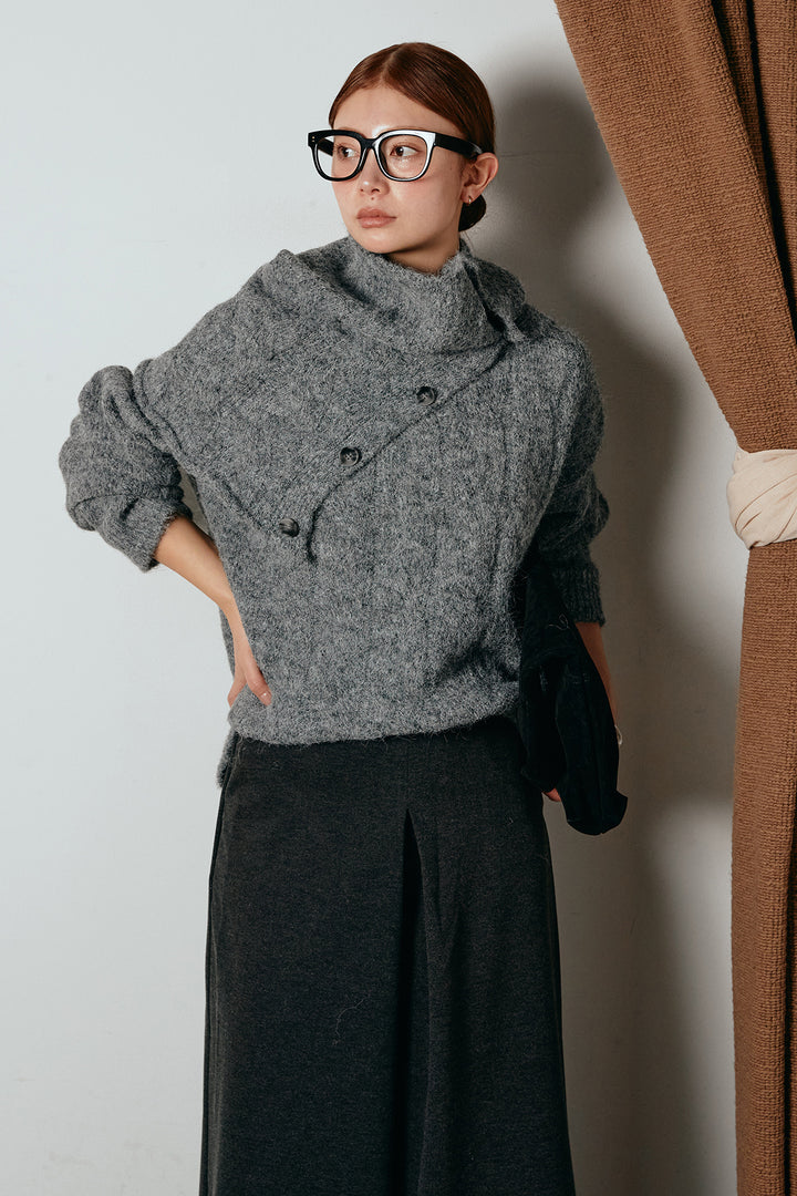 [SET]ケープデザインケーブルニットトップス+ベルト付きフロントタックデザインパンツ(2set)