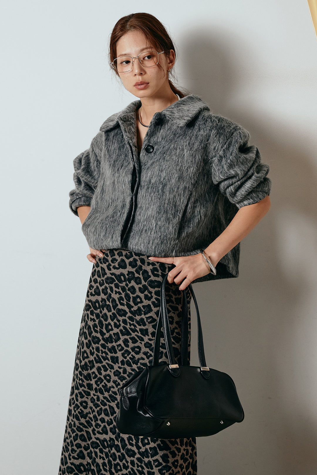 [SET]シャギーショートジャケット+レオパードロングスカート(2set)
