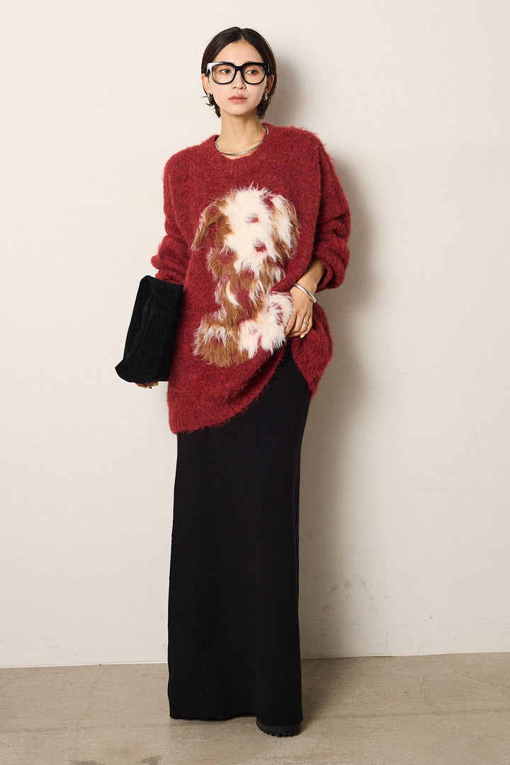 [SET]シャギーニュアンスアニマルニット+リブナローニットスカート(2set)