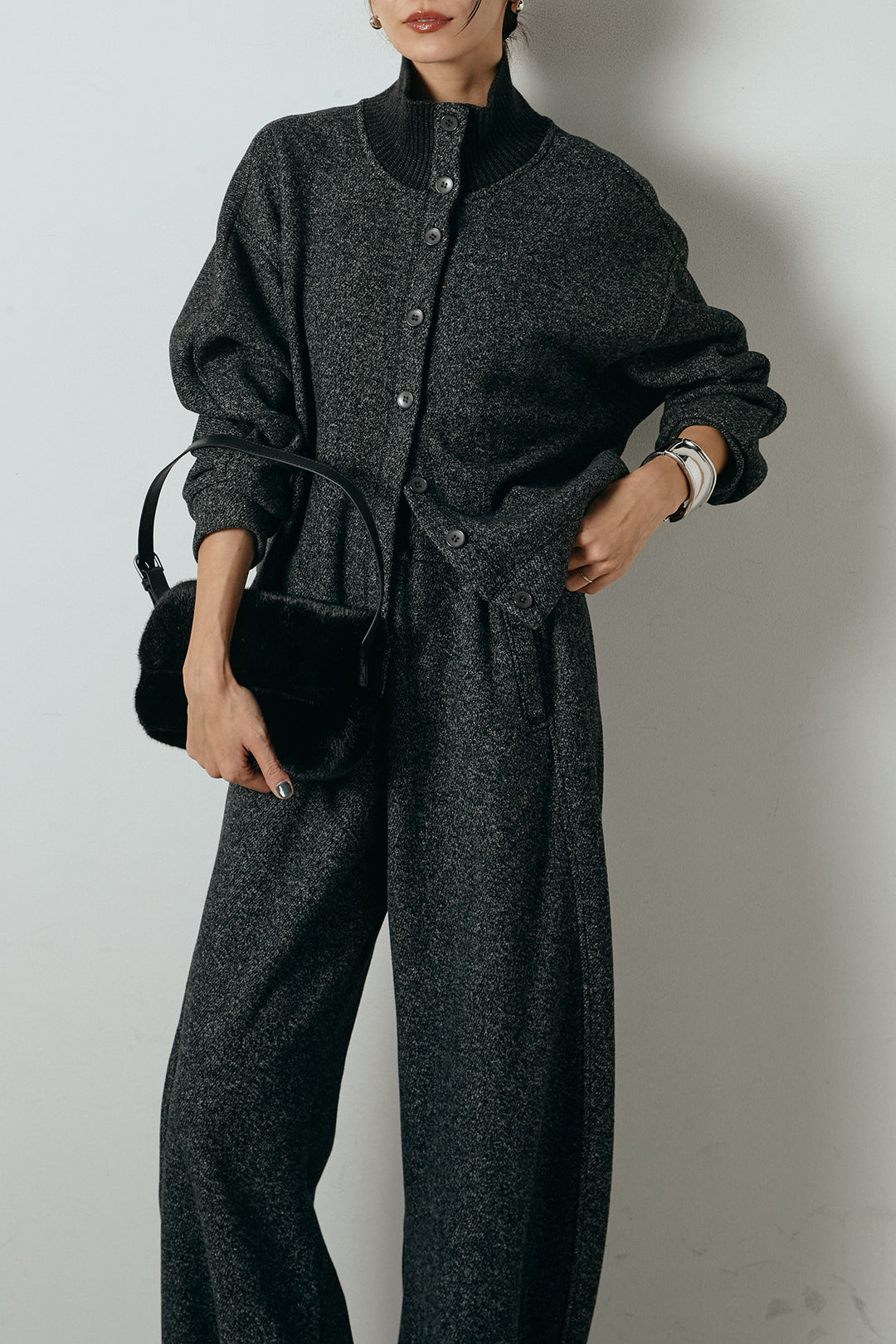 [SET]リブスタンドネックボタントップスSETUP