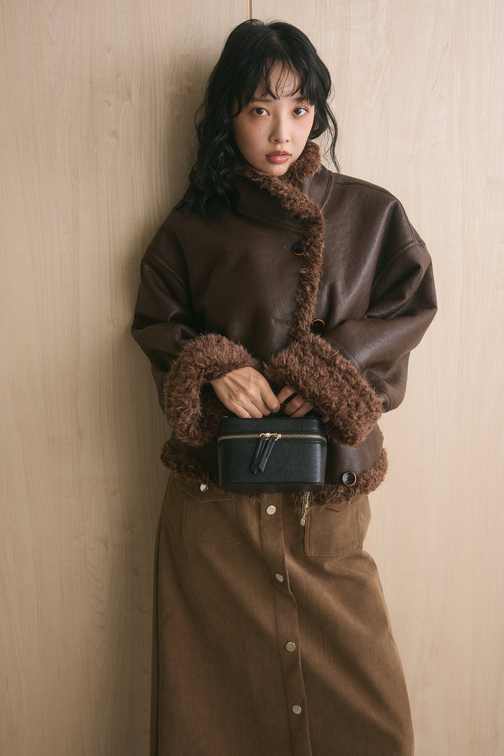 [SET]リバーシブルプードルファースタンドコート+フロントボタンコーデュロイスカート(2set)