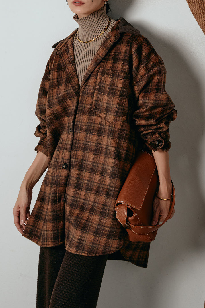 [SET]シャギーチェックシャツジャケット+ワイドリブニットイージーパンツ(2set)