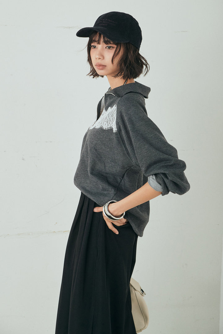 [SET]リバーレースハーフジップ裏毛スウェット+ベルト付きタックデザインハイウエストロングパンツ(2set)