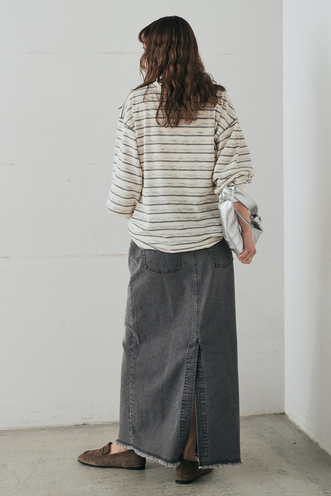 [SET]レースアップワッフルボーダートップス+ウエストクロスデニムタイトスカート(2set)