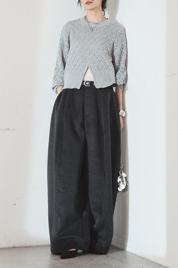 [SET]透かし編みニットジップスリットプルオーバー+ウールタッチカーブワイドパンツ(2set)