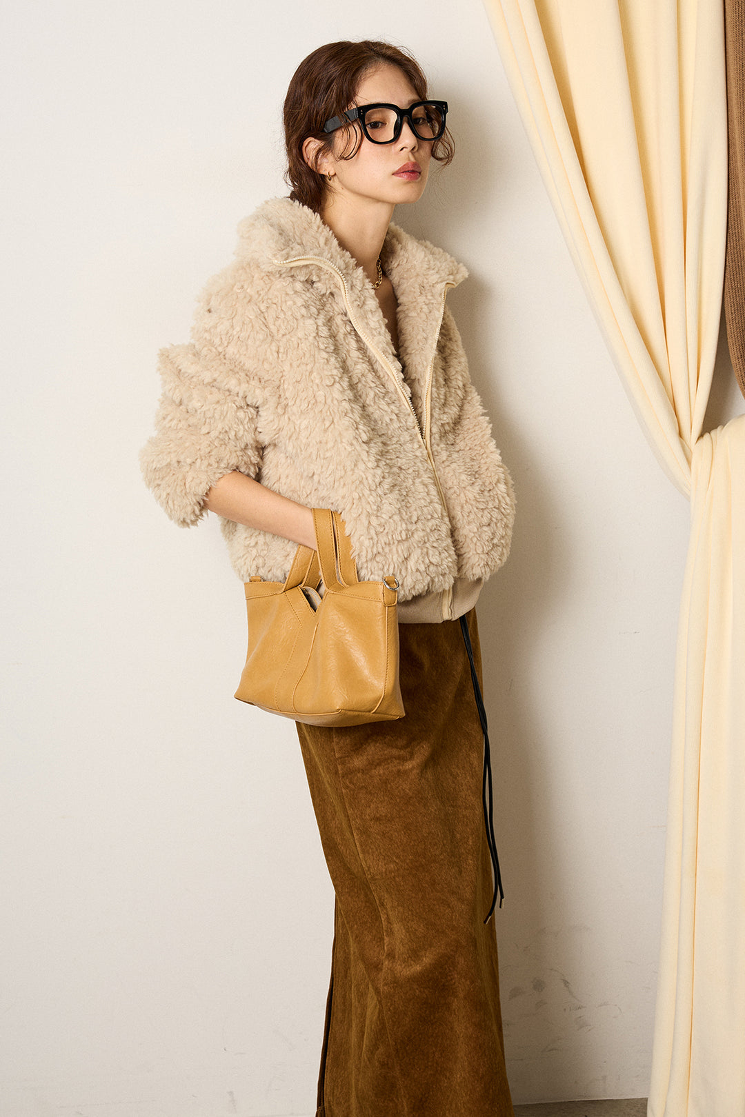 [SET]スタンドカラー裾リブボアブルゾン+ロープベルト付きスウェード調スカート(2set)