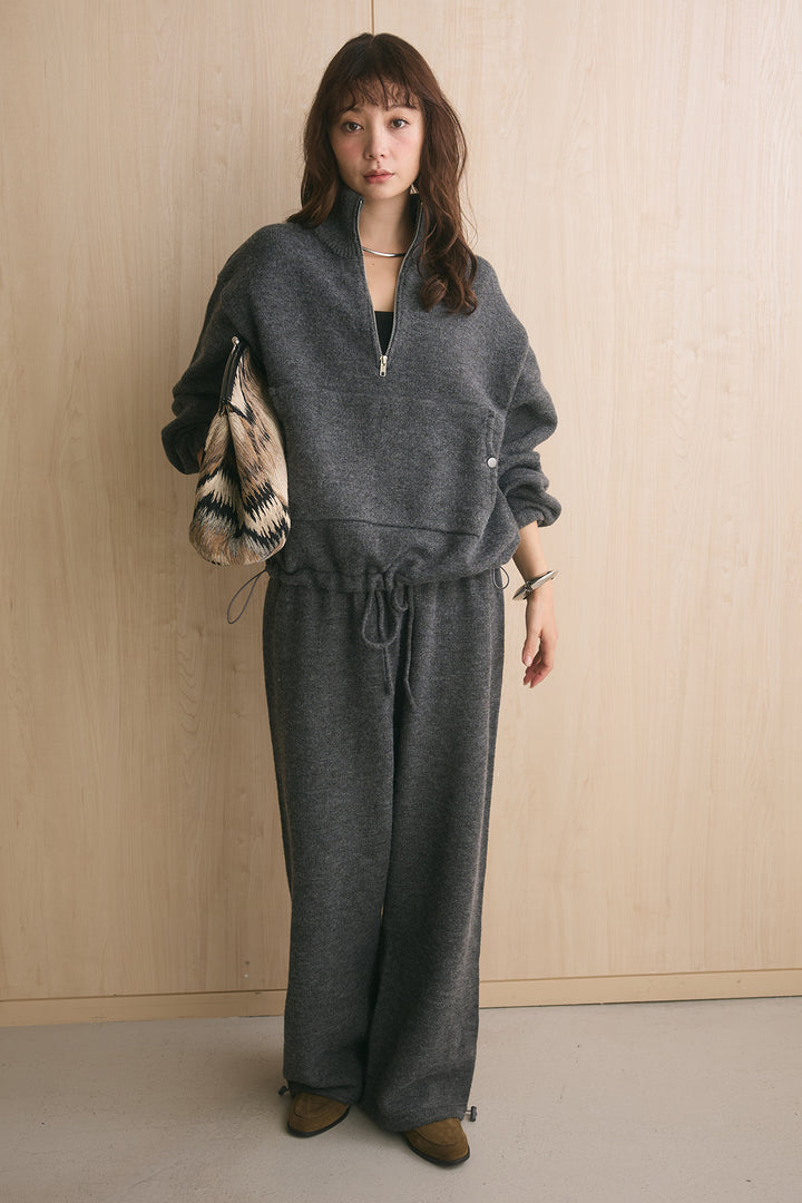 [SET]ハーフジップニットプルオーバー+ドロストニットワイドパンツ(2set)