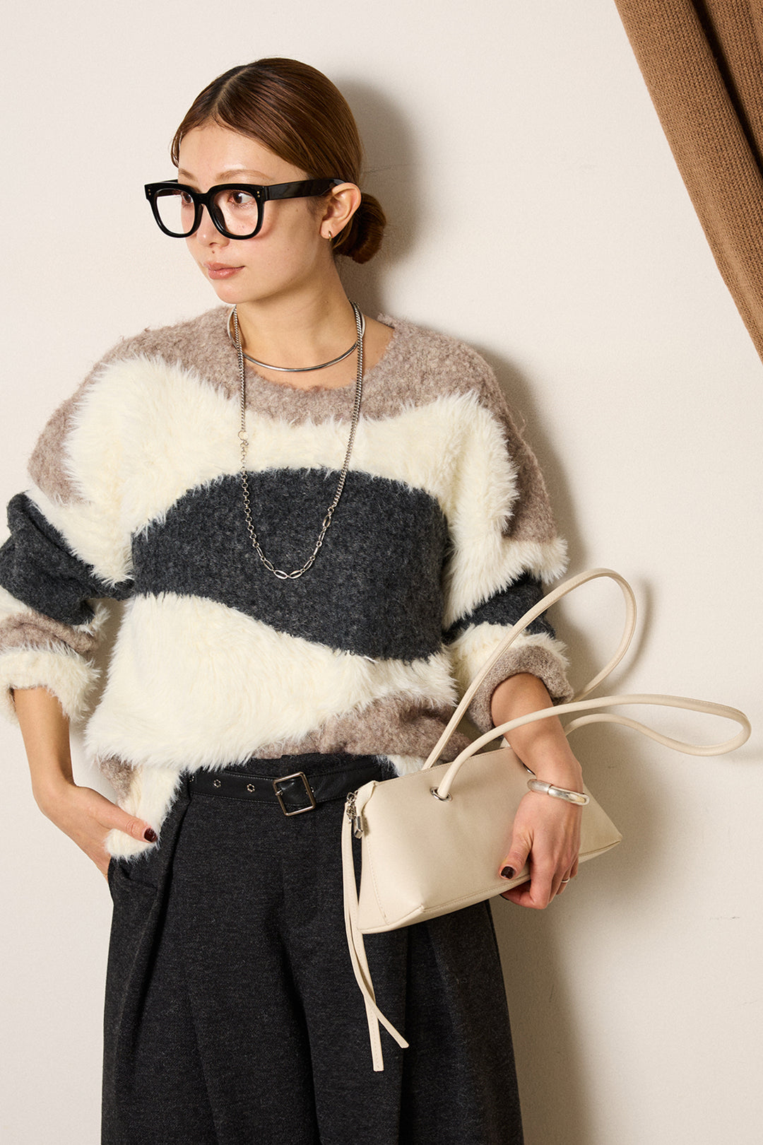 [SET]シャギーウェーブ柄クルーネックニットトップス+細ベルト付き起毛タックワイドパンツ(2set)