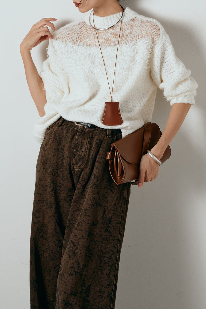 [SET]パターンランダム編みニットトップス+ベルト付きニュアンス柄カーブワイドパンツ(2set)