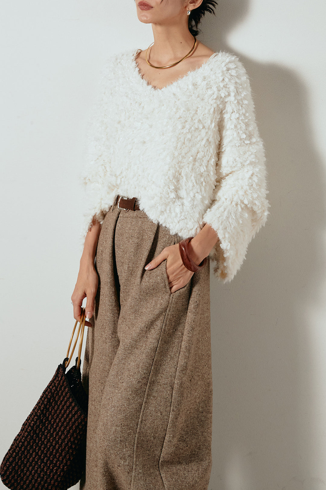 [SET]深Vネックチョウチョヤーンニットトップス+ベルト付きネップツイードカーブパンツ(2set)