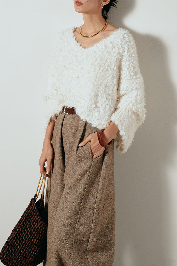 [SET]深Vネックチョウチョヤーンニットトップス+ベルト付きネップツイードカーブパンツ(2set)