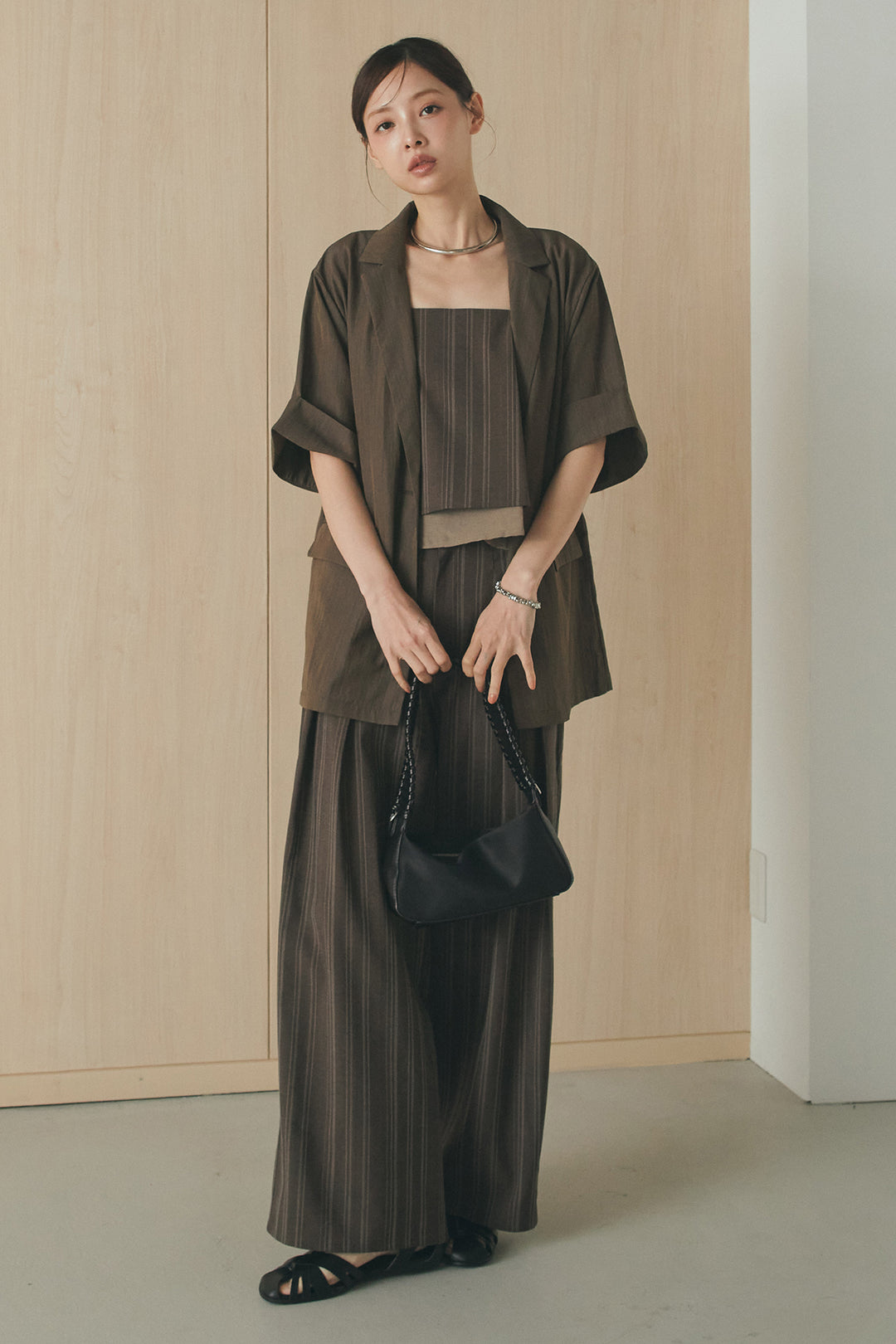 [SET]リネンストライプレイヤードキャミ+リネンストライプタックワイドパンツ(2set)