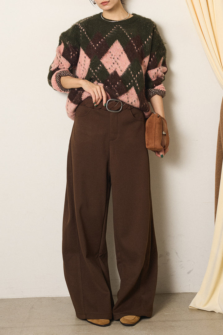[SET]配色アーガイル柄ニットトップス+編みベルト付きワイドパンツ(2set)