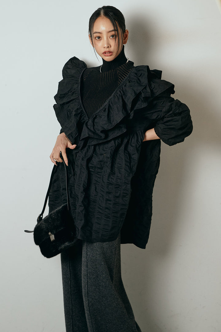 [SET]Vネックフリルカラーブラウス+リブニットシームレスタートルプルオーバー+センターラインニットパンツ(3set)