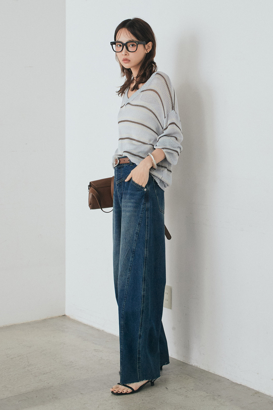 [SET]綿タッチVネックボーダートップス+デニムヨークパンツ(2set)