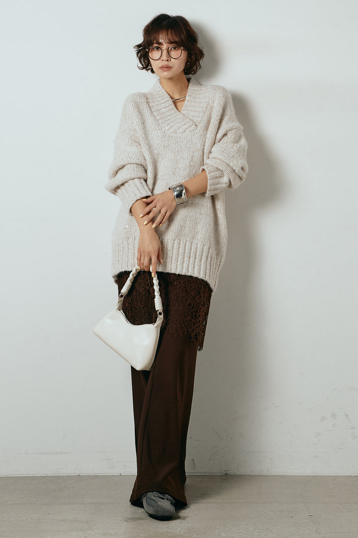 [SET]Vネックラメニットトップス+レース刺繍レイヤードフレアパンツ(2set)