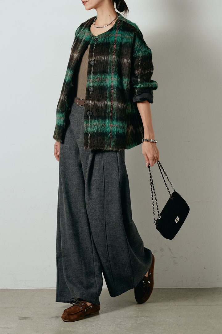 [SET]ノーカラーシャギーチェックアウター+ポーチベルト付きカーブパンツ(2set)