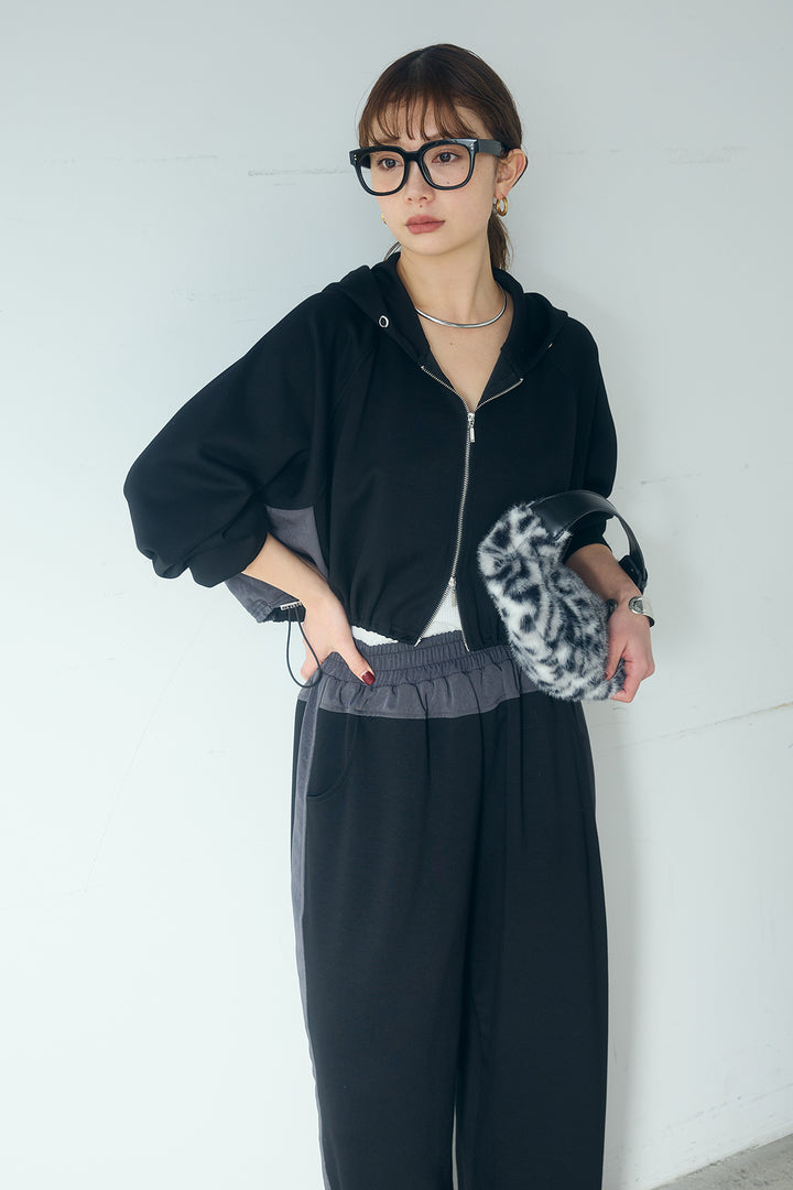 [SET]ドルマンショートフーディー+異素材切り替えスウェットパンツ(2set)