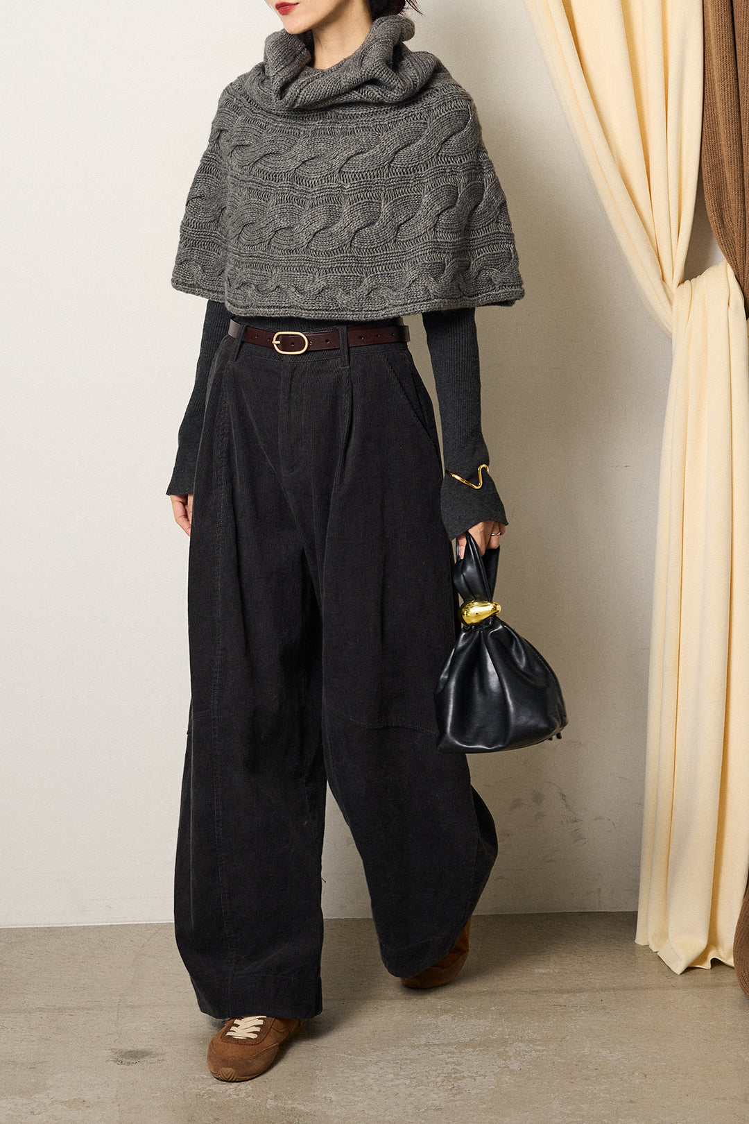 [SET]ケーブル編みケープレイヤードニット+タック入りコーデュロイワイドパンツ(2set)