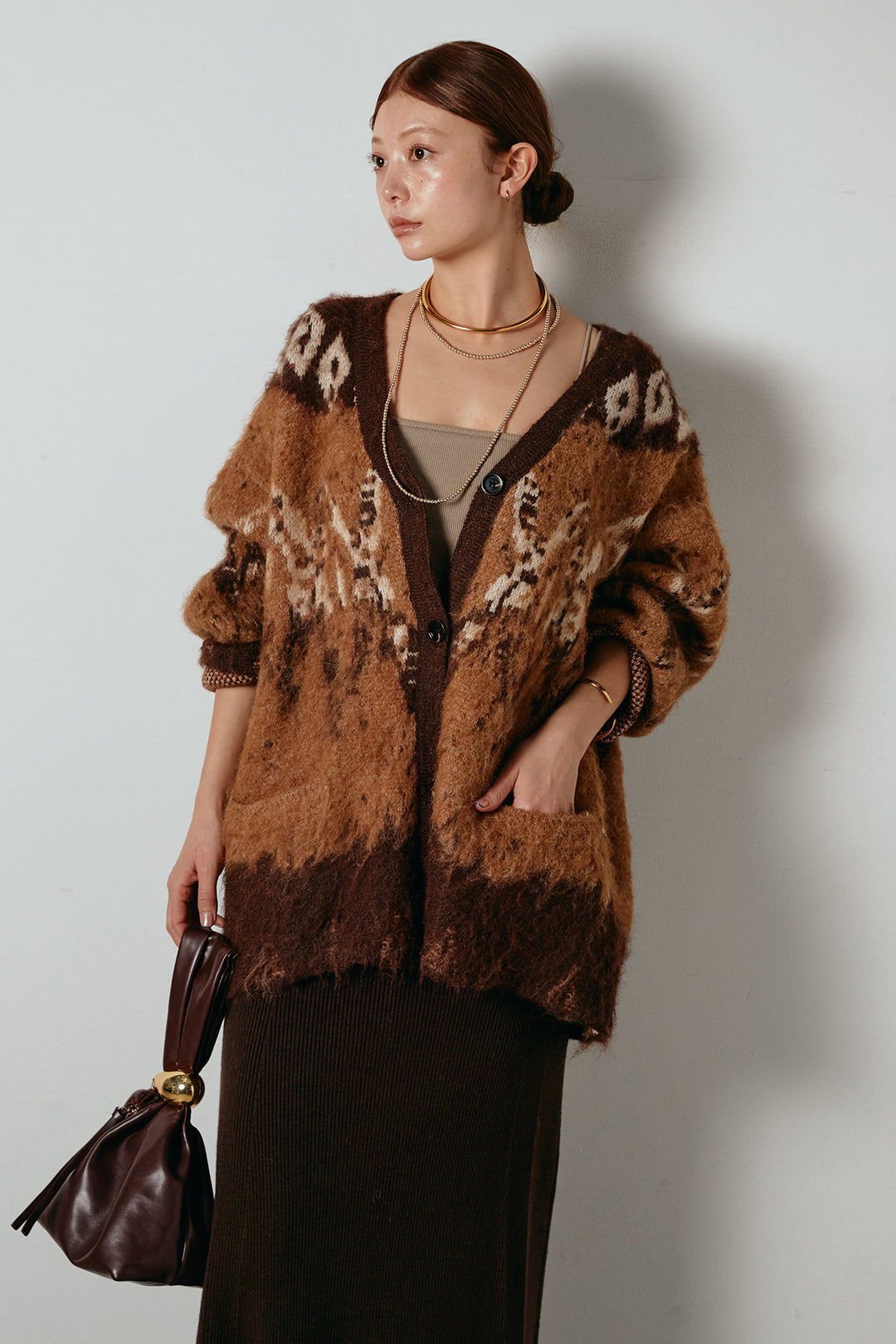 [SET]シャギーニュアンス柄ニットカーディガン+リブナローニットスカート(2set)